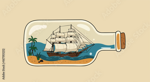 Sailing Ship Inside A Glass Bottle.