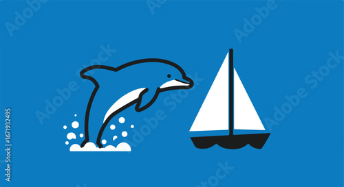 Dolphin Leaping near Sailboat on Blue Background