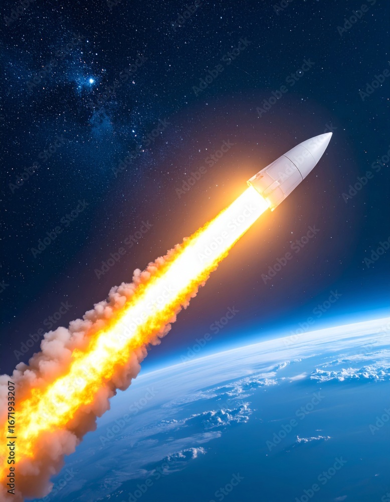 Fototapeta premium Rocket Launching Into Space with Earth View and Fiery Exhaust Plume Stars Above