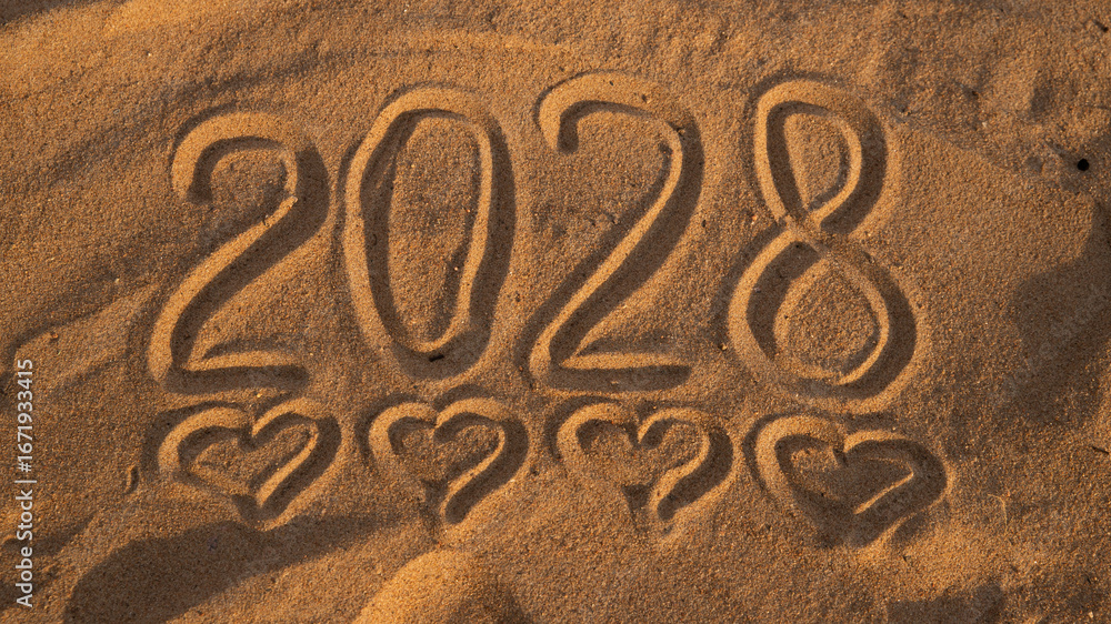 2028 Drawn on Sand in Summer, new year numbers 2028 Drawn on Sand in Summer, new year numbers