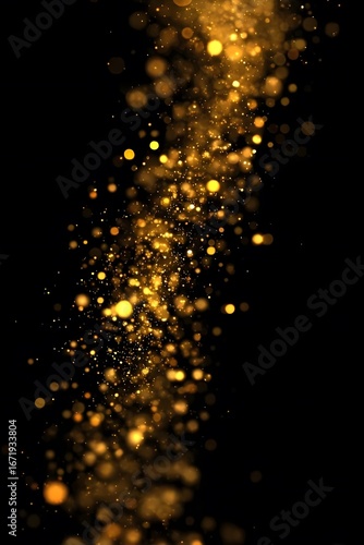 Golden particles swirl in the dark background.
