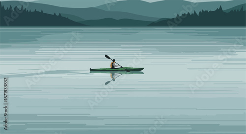 Person Paddling Kayak on Lake Surrounded by Mountains & Forest in Illustration