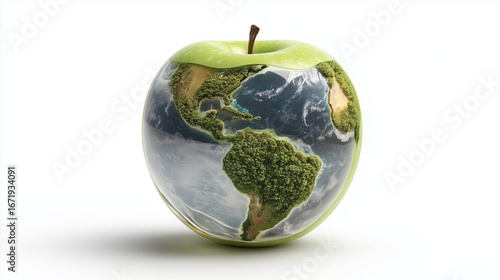 A conceptual illustration of an apple shaped like the Earth, featuring continents and oceans across its surface. The design symbolizes the connection between nature, food, and the planet, emphasizing 