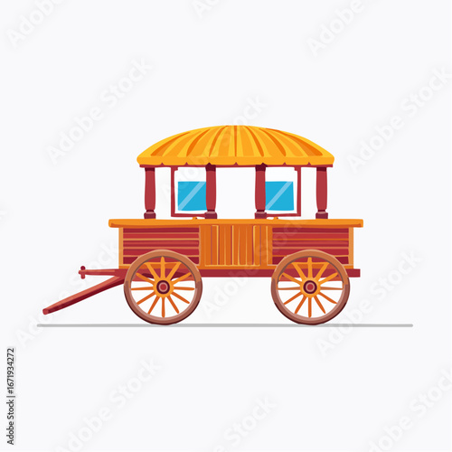 Traditional wooden carriage with decorative yellow roof and large spoked wheels classic old fashioned transport vehicle