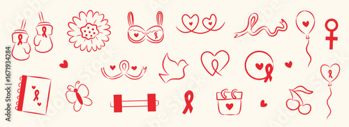 Breast cancer awareness month elements collection. Sticker set for oncology fighters. Icon collection in red color. Line art doodles for poster, social media, sticker, printables, banner, infographic.