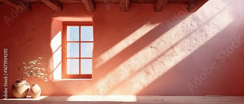 Pink Tadelakt Wall, Sunlight Stripe, and Window with Beams - Cozy & Inviting Space with Plant