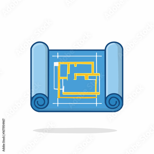Architectural blueprint rolled up showing floor plan design with yellow and white lines on blue paper.