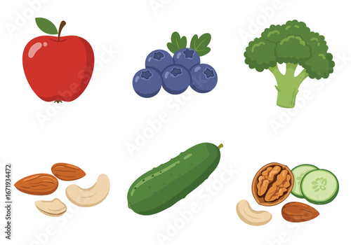 Cartoon illustration of healthy fruits, vegetables, and nuts, depicting fresh and wholesome food options for a balanced diet and well-being.