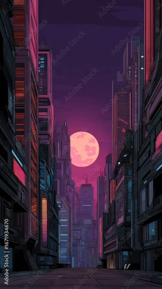 Obraz premium Futuristic city street at night. Pink moon