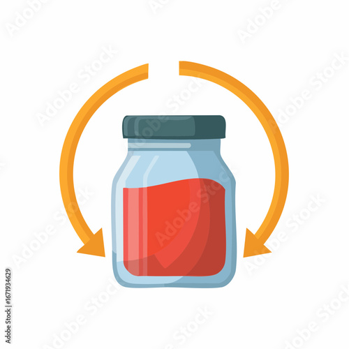 Glass jar with red liquid and rotating arrows, indicating circulation or cycle.