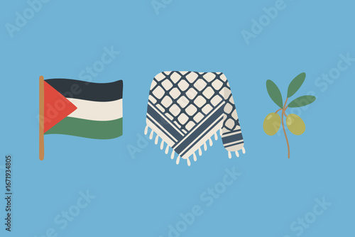 Palestinian Flag Keffiyeh and Olive Branch Arranged Horizontally Palestine Symbolic Identity Isolated Illustration