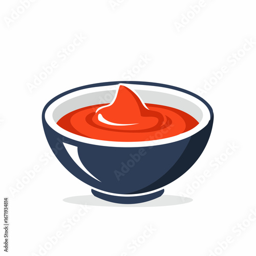 Stylized bowl of vibrant red tomato ketchup sauce with smooth texture and white rim