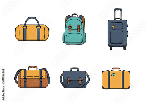 Collection of various travel bags and luggage items including duffel bags, backpacks, suitcases, briefcases, and satchels in a colorful, flat vector illustration style on a white background.