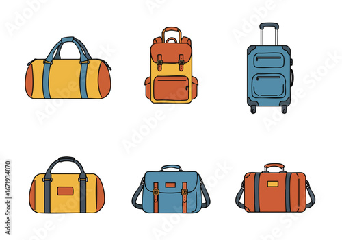 Colorful Illustration Set of Various Travel Luggage and Bags on White Background for Vacation and Journey Concepts