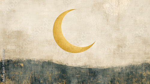 Minimal crescent moon in soft yellow over calm abstract muted landscape in gray and beige tones, serene minimal night scene