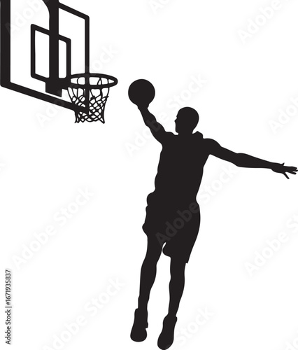 Black silhouette of a basketball player dunking a ball into a hoop vector