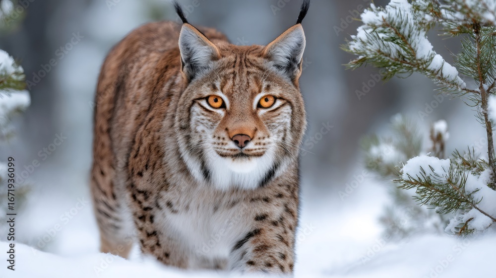 Fototapeta premium Eurasian lynx walking in snowy forest with intense gaze