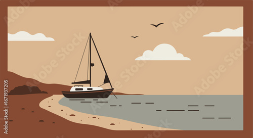 Boat Sailing near Shoreline, Coastal Scene with Calm Water and Cloudy Sky