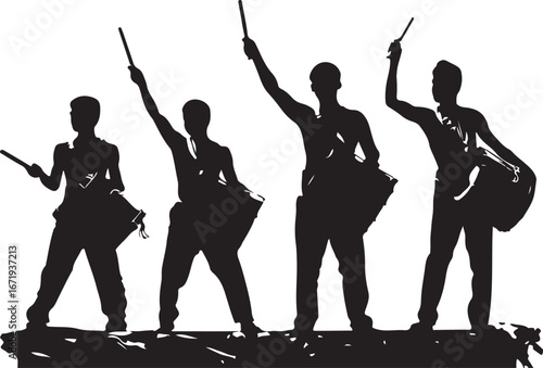 Four silhouetted figures playing drums with sticks on a white background drummer percussion