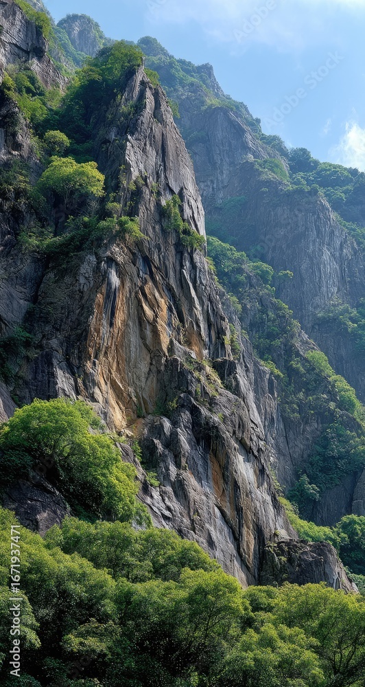 Obraz premium Steep mountain face with lush greenery