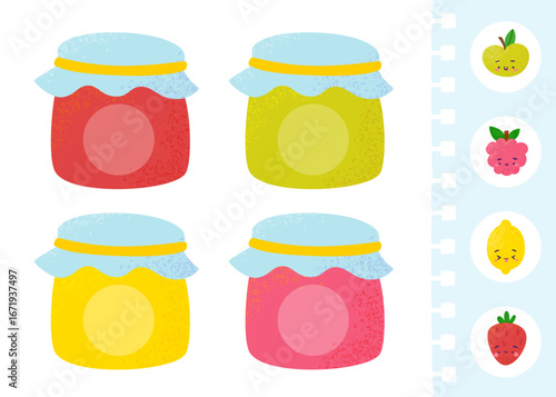 Color match mini game with jam jar and fruits. Cute educational game for kids.