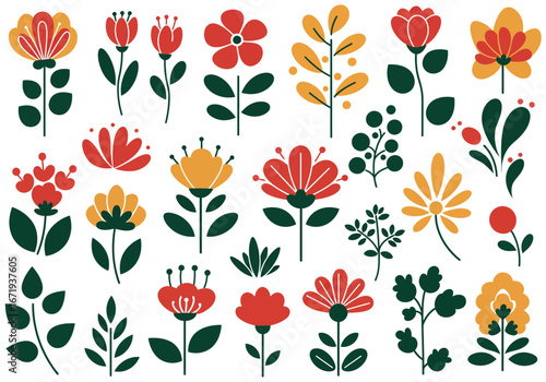Cheerful floral pattern with vibrant red and gold flowers for spring celebration, originally scalable vector graphic