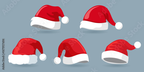 Set of Christmas Santa Claus Hats. New Year red hat for gift, bag with presents, waving and greeting. EPS10