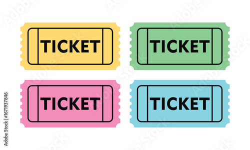 A set of color ticket icons. Retro ticket design template. Tickets for cinema, movie, circus, carnival, film, festival, etc. Vector illustration.