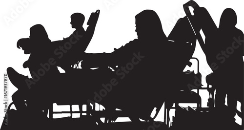 Silhouette of people in wheelchairs and medical equipment hospital