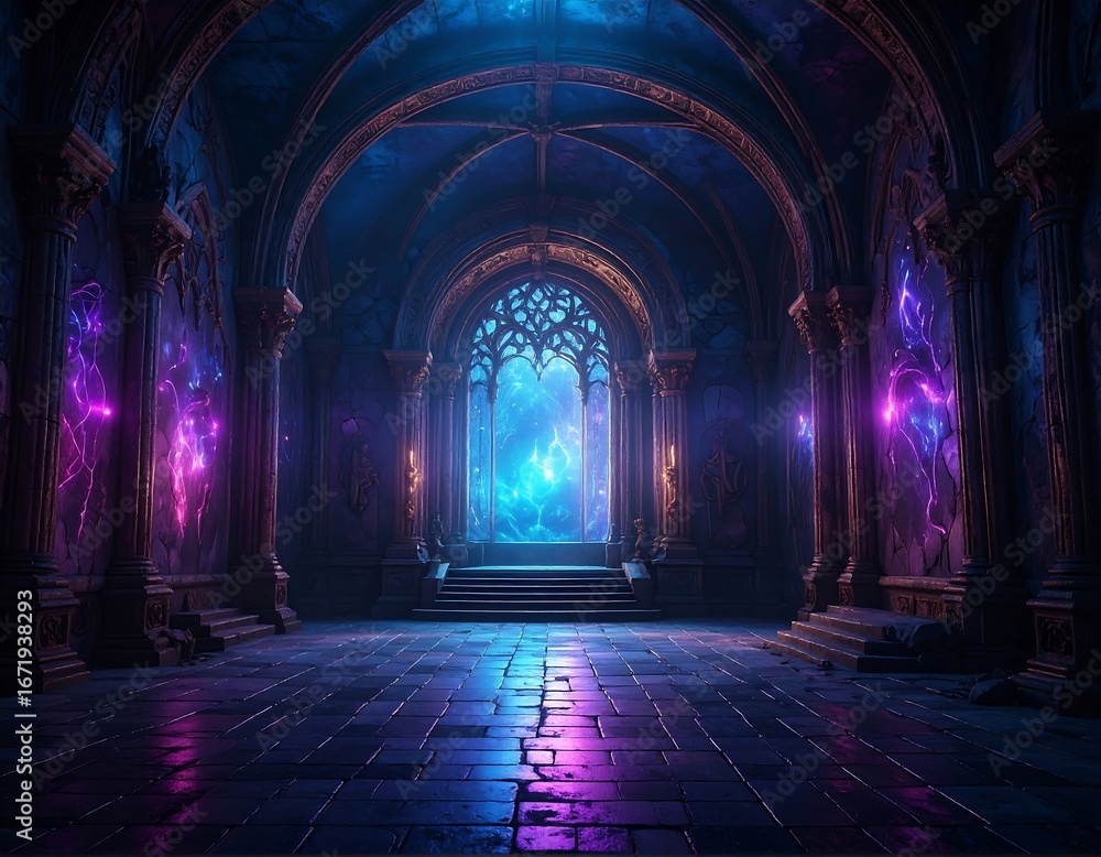 Fototapeta premium Dark, mystical, gothic hall. Neon glow