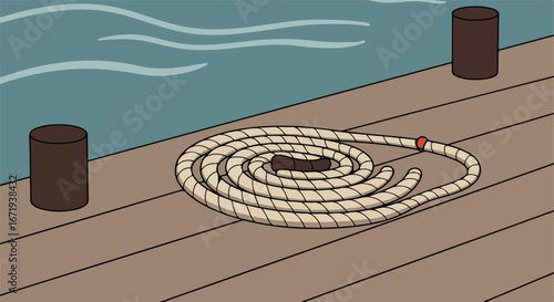 Coiled Rope Dockside Marine Lines Awaiting Use on Wooden Pier by the Sea
