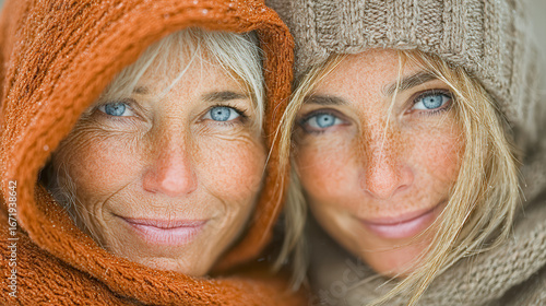 Two women with bright blue eyes wearing cozy knitted hats and scarves in a winter setting