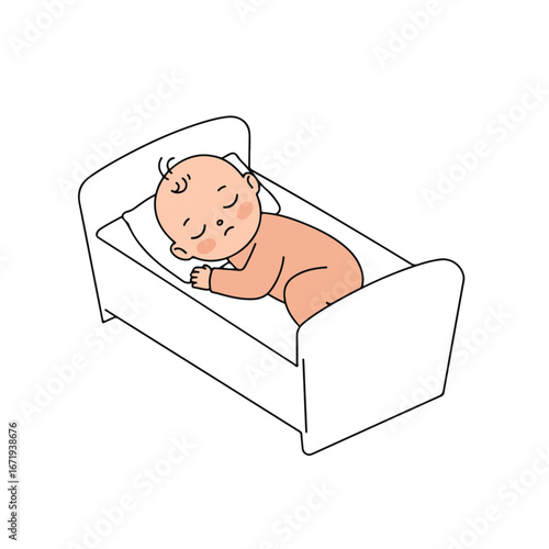 , keywords, and category for the image you provided

 Baby is Sleeping Peacefully in a Bed