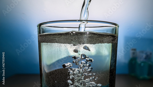 pollution in drinking water bubbles and particles floating in a tap filled glass create a mesmerizing underwater effect