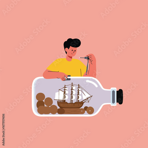 Man Assembling a Ship Model Inside a Bottle