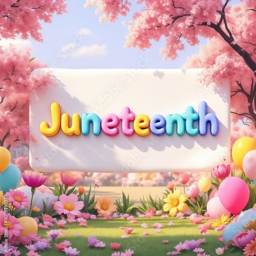 Celebratory Juneteenth display under blossoms in vivid cartoon style landscape