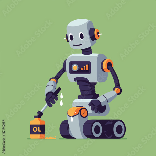 Robot Oiling Itself on a Green Background
