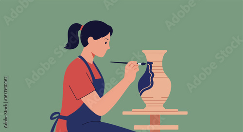 Woman Painting Pottery in Studio