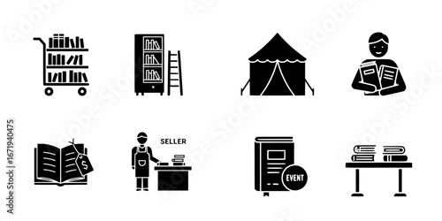 Book sale vector set - Icons representing book selling, library setup, and customer service  