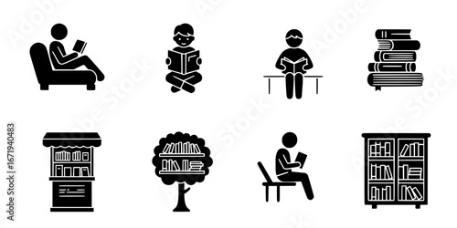 A vector set dedicated to fans of reading books in any setting - Various icons of reading activities and library settings  