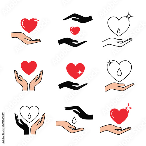 Illustrations of hands holding and caring for hearts symbolizing love generosity and compassion in various styles