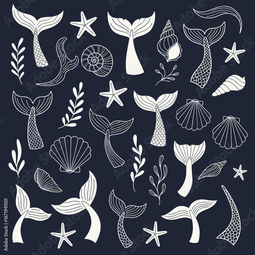 Whimsical hand drawn mermaid tail illustrations and marine life elements for enchanting designs