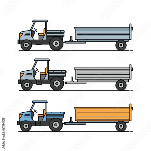 Three distinct agricultural utility vehicles each connected to a towable trailer for various farming tasks