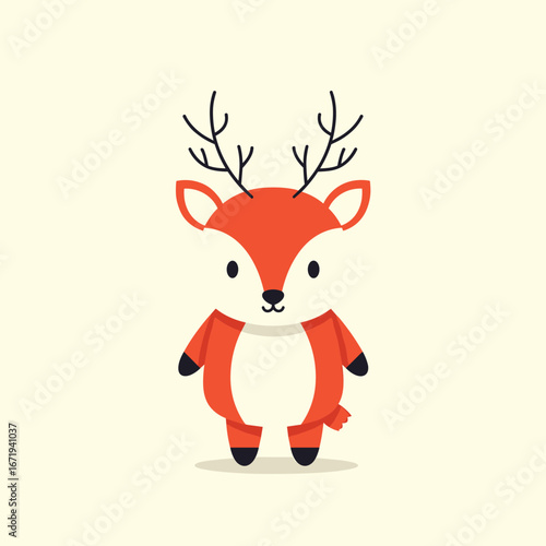 Adorable cartoon baby deer with antlers standing still and looking forward