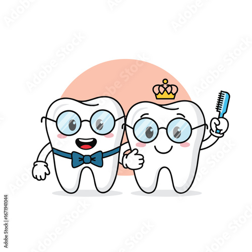 Two happy cartoon tooth characters wearing glasses and holding a toothbrush illustrating dental health and oral hygiene education