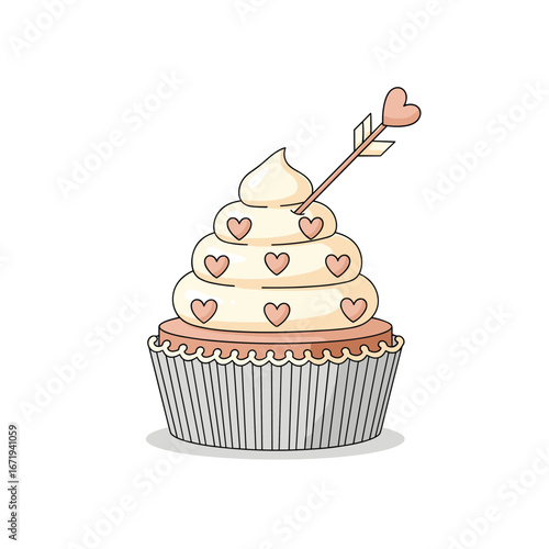 A deliciously decorated cupcake adorned with a cupid's arrow and numerous hearts