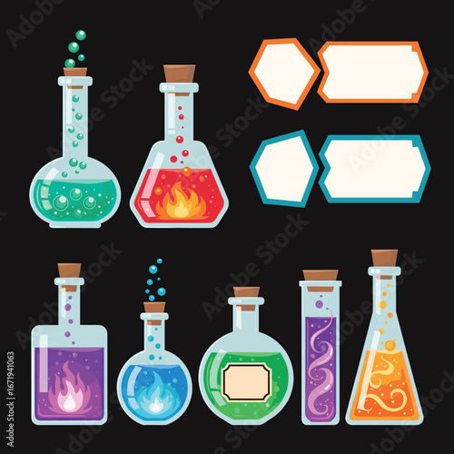 A collection of enchanting alchemical potions and magical elixirs in colorful glass bottles perfect for game assets or fantasy designs