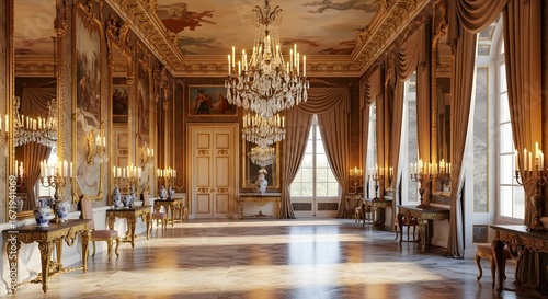 Vintage Palace Ballroom with Chandeliers and Velvet Curtains