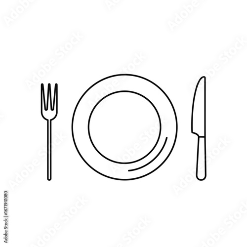 Simple outline illustration of dining utensils and plate ready for a meal service occasion