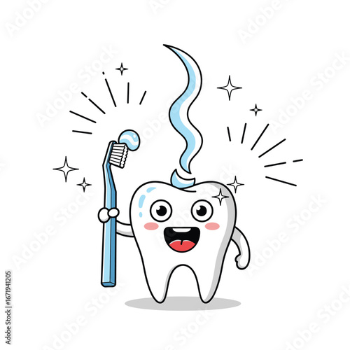 A happy cartoon tooth holding a toothbrush with toothpaste on it representing good dental hygiene